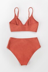 Angelsin Özel Tasarım Önden Çarpraz Yüksek Bel Bikini Takım Kırmızı - Thumbnail