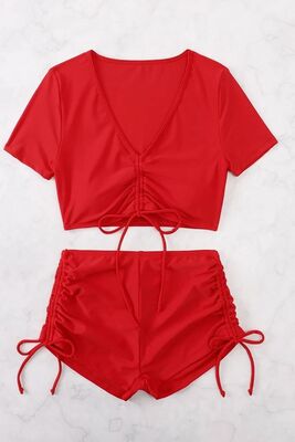Angelsin Özel tasarım Yarım Kol Büzgü Detaylı Bikini Takım Kırmızı - 2