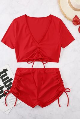 Angelsin Özel tasarım Yarım Kol Büzgü Detaylı Bikini Takım Kırmızı - 3