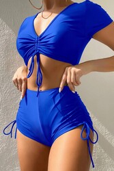Angelsin Özel tasarım Yarım Kol Büzgü Detaylı Bikini Takım Mavi - Thumbnail