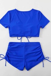 Angelsin Özel tasarım Yarım Kol Büzgü Detaylı Bikini Takım Mavi - Thumbnail