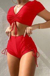 Angelsin Özel tasarım Yarım Kol Büzgü Detaylı Bikini Üstü Kırmızı - Thumbnail