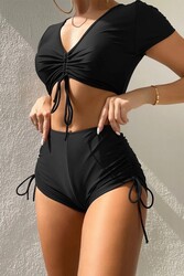 Angelsin Özel tasarım Yarım Kol Büzgü Detaylı Bikini Üstü Siyah - Thumbnail