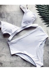 Angelsin Özel Tasarım Yüksek Bel Bikini Takım Beyaz - Thumbnail