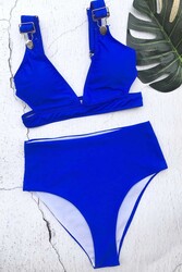 Angelsin Özel Tasarım Yüksek Bel Bikini Takım Mavi - Thumbnail