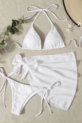 Angelsin - Angelsin Pareolu Bağlamalı 3'lü Bikini Takım Set (Çıkartılabilir Kaplı) Beyaz