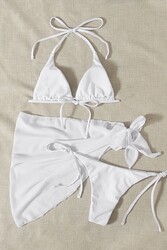 Angelsin Pareolu Bağlamalı 3'lü Bikini Takım Set (Çıkartılabilir Kaplı) Beyaz - Thumbnail