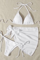Angelsin Pareolu Bağlamalı 3'lü Bikini Takım Set (Çıkartılabilir Kaplı) Beyaz - Thumbnail