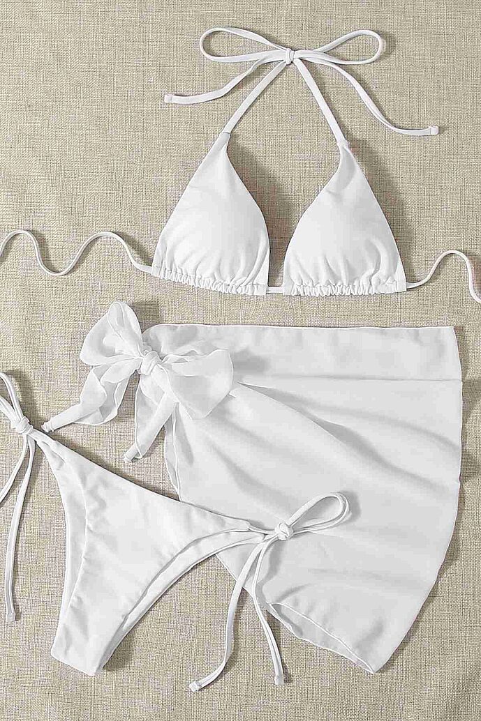 Angelsin Pareolu Bağlamalı 3'lü Bikini Takım Set (Çıkartılabilir Kaplı) Beyaz - 3