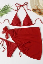 Angelsin Pareolu Bağlamalı 3'lü Bikini Takım Set (Çıkartılabilir Kaplı) Kırmızı - Thumbnail