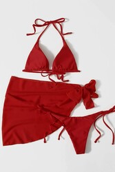 Angelsin Pareolu Bağlamalı 3'lü Bikini Takım Set (Çıkartılabilir Kaplı) Kırmızı - Thumbnail