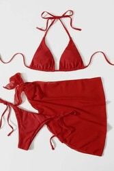 Angelsin Pareolu Bağlamalı 3'lü Bikini Takım Set (Çıkartılabilir Kaplı) Kırmızı - Thumbnail