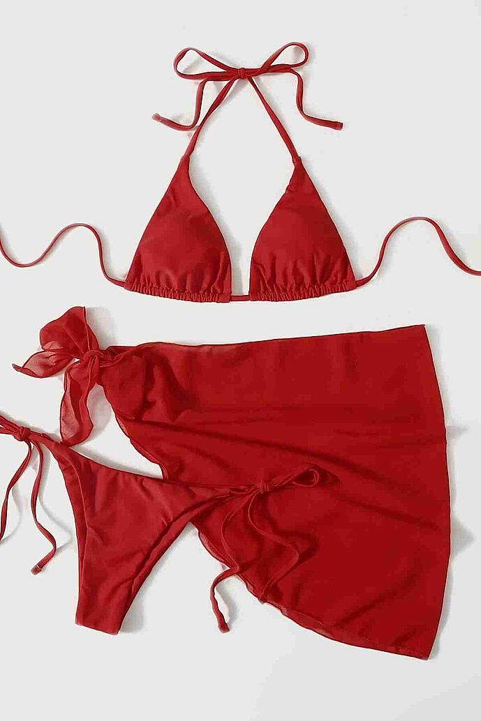 Angelsin Pareolu Bağlamalı 3'lü Bikini Takım Set (Çıkartılabilir Kaplı) Kırmızı - 3
