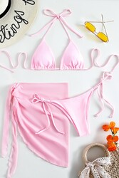 Angelsin Pareolu Bağlamalı 3'lü Bikini Takım Set (Çıkartılabilir Kaplı) Pembe - Thumbnail