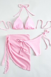 Angelsin Pareolu Bağlamalı 3'lü Bikini Takım Set (Çıkartılabilir Kaplı) Pembe - Thumbnail