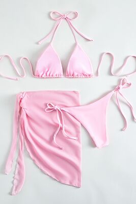 Angelsin - Angelsin Pareolu Bağlamalı 3'lü Bikini Takım Set (Çıkartılabilir Kaplı) Pembe (1)