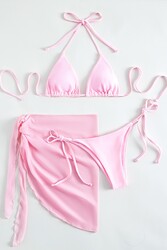 Angelsin Pareolu Bağlamalı 3'lü Bikini Takım Set (Çıkartılabilir Kaplı) Pembe - Thumbnail