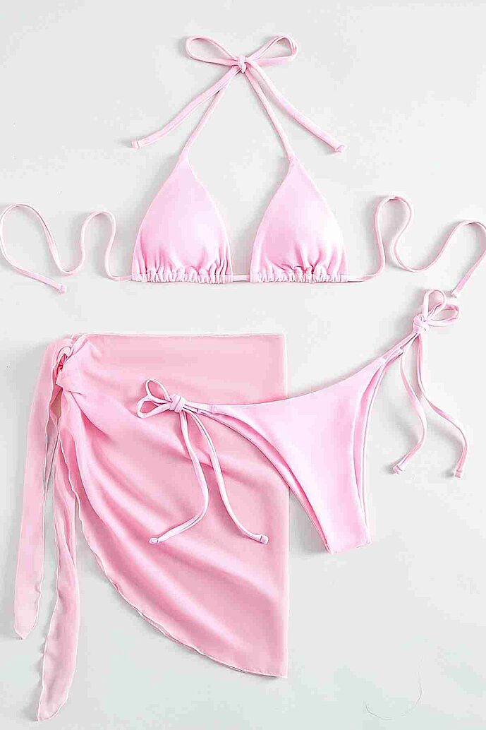 Angelsin Pareolu Bağlamalı 3'lü Bikini Takım Set (Çıkartılabilir Kaplı) Pembe - 3