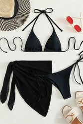 Angelsin Pareolu Bağlamalı 3'lü Bikini Takım Set (Çıkartılabilir Kaplı) Siyah - Thumbnail