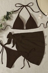 Angelsin Pareolu Bağlamalı 3'lü Bikini Takım Set (Çıkartılabilir Kaplı) Siyah - Thumbnail