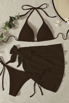Angelsin - Angelsin Pareolu Bağlamalı 3'lü Bikini Takım Set (Çıkartılabilir Kaplı) Siyah (1)