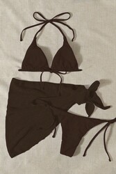 Angelsin Pareolu Bağlamalı 3'lü Bikini Takım Set (Çıkartılabilir Kaplı) Siyah - Thumbnail