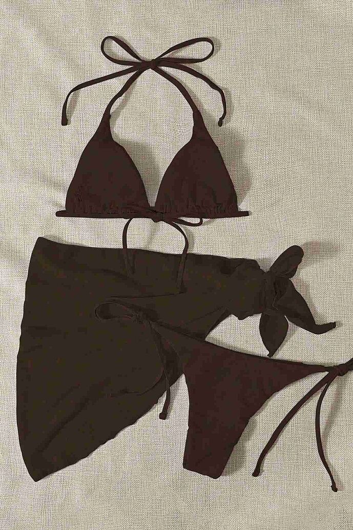 Angelsin Pareolu Bağlamalı 3'lü Bikini Takım Set (Çıkartılabilir Kaplı) Siyah - 3