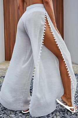 Angelsin - Angelsin Ponponlu Yırtmaç Detaylı Plaj Pantolonu Pareo Beyaz (1)