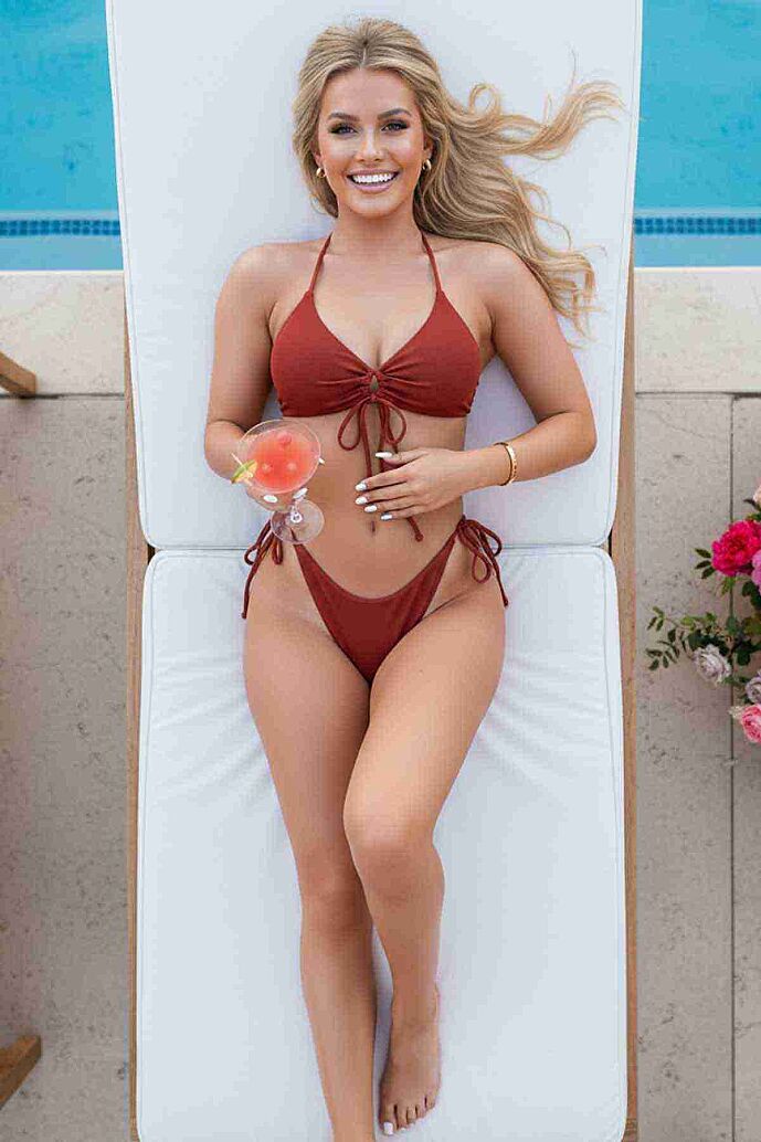 Angelsin Rib Dokulu Ön ve Yan Bağcık Detaylı İpli Brezilya Bikini Takımı Kırmızı - 4