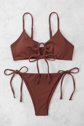 Angelsin Rib Dokulu Ön ve Yan Bağcık Detaylı İpli Brezilya Bikini Takımı Kırmızı - Thumbnail