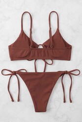 Angelsin Rib Dokulu Ön ve Yan Bağcık Detaylı İpli Brezilya Bikini Takımı Kırmızı - Thumbnail