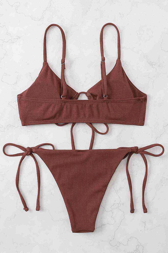 Angelsin Rib Dokulu Ön ve Yan Bağcık Detaylı İpli Brezilya Bikini Takımı Kırmızı - 6