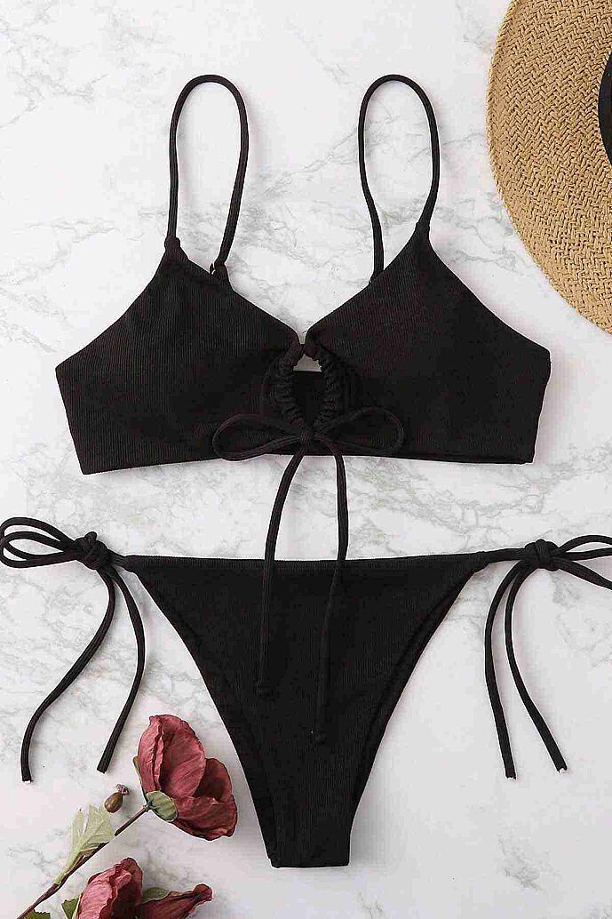 Angelsin Rib Dokulu Ön ve Yan Bağcık Detaylı İpli Brezilya Bikini Takımı Siyah - 5
