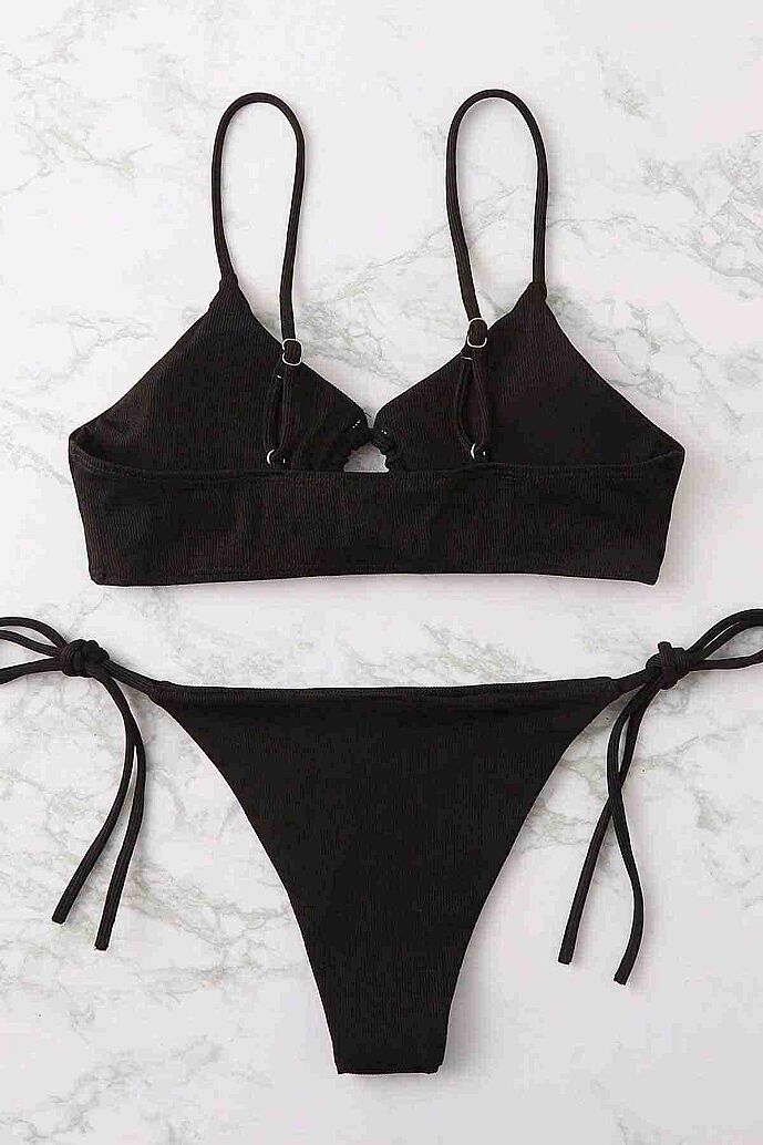 Angelsin Rib Dokulu Ön ve Yan Bağcık Detaylı İpli Brezilya Bikini Takımı Siyah - 6