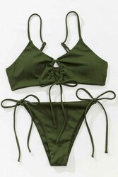 Angelsin Rib Dokulu Ön ve Yan Bağcık Detaylı İpli Brezilya Bikini Takımı Yeşil - Thumbnail