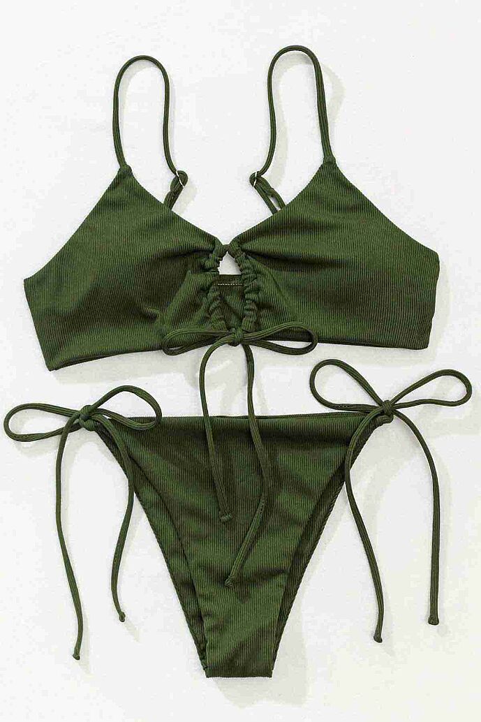 Angelsin Rib Dokulu Ön ve Yan Bağcık Detaylı İpli Brezilya Bikini Takımı Yeşil - 6