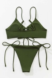 Angelsin Rib Dokulu Ön ve Yan Bağcık Detaylı İpli Brezilya Bikini Takımı Yeşil - Thumbnail