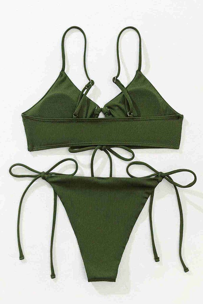 Angelsin Rib Dokulu Ön ve Yan Bağcık Detaylı İpli Brezilya Bikini Takımı Yeşil - 7