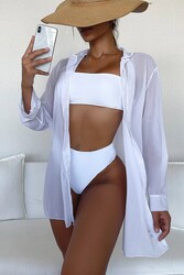 Angelsin Şifon Gömlek Plaj Elbisesi Pareo Kimono Kaftan Beyaz - Thumbnail