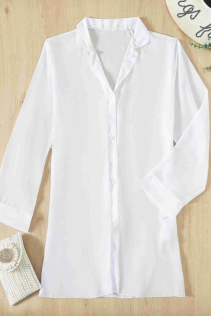 Angelsin Şifon Gömlek Plaj Elbisesi Pareo Kimono Kaftan Beyaz - 3