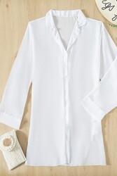 Angelsin Şifon Gömlek Plaj Elbisesi Pareo Kimono Kaftan Beyaz - Thumbnail