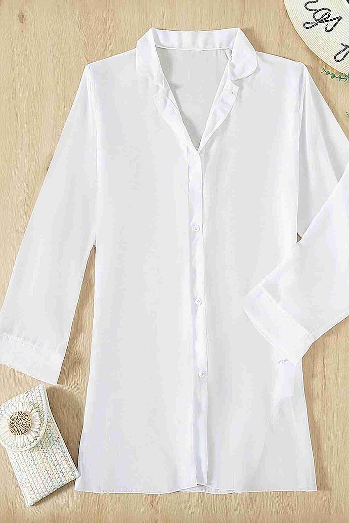 Angelsin Şifon Gömlek Plaj Elbisesi Pareo Kimono Kaftan Beyaz - 5