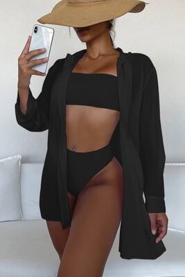 Angelsin - Angelsin Şifon Gömlek Plaj Elbisesi Pareo Kimono Kaftan Siyah