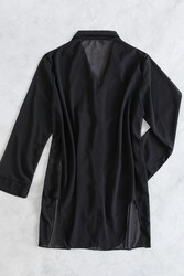 Angelsin Şifon Gömlek Plaj Elbisesi Pareo Kimono Kaftan Siyah - Thumbnail