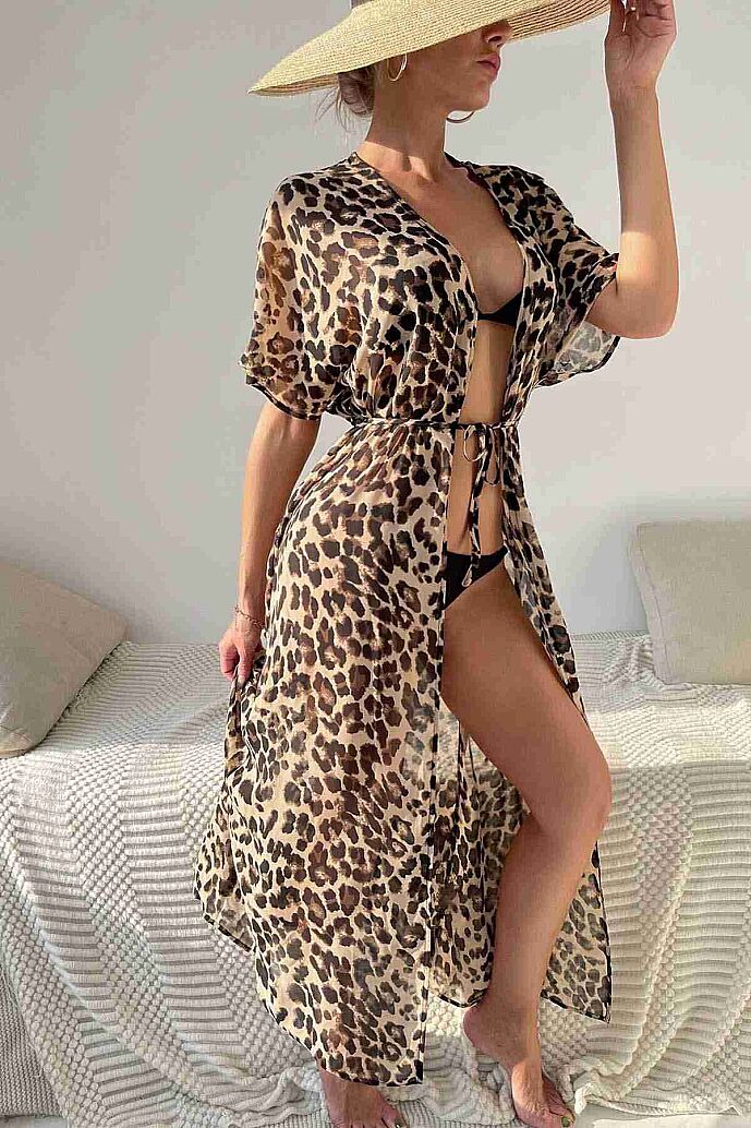 Angelsin Şifon Uzun Önden Bağlamalı Leopar Plaj Elbisesi Pareo Kimono Çok Renkli - 3
