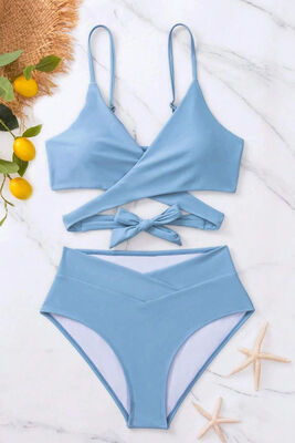 Angelsin Şık Bel Kuşak Detaylı Bikini Üstü Mavi - 5