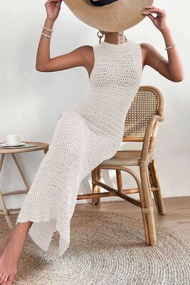 Angelsin - Angelsin Şık Örme Yırtmaçlı Pareo Plaj Elbisesi Kimono Krem