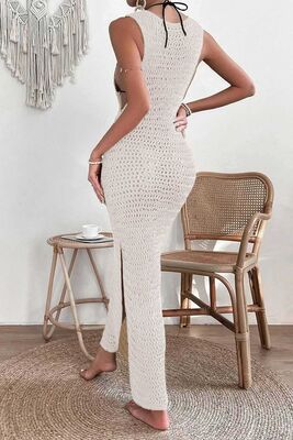 Angelsin - Angelsin Şık Örme Yırtmaçlı Pareo Plaj Elbisesi Kimono Krem (1)