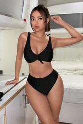 Angelsin Şık Yüksek Bel Bikini Takım (Çıkartılabilir Kaplı) Siyah - Thumbnail