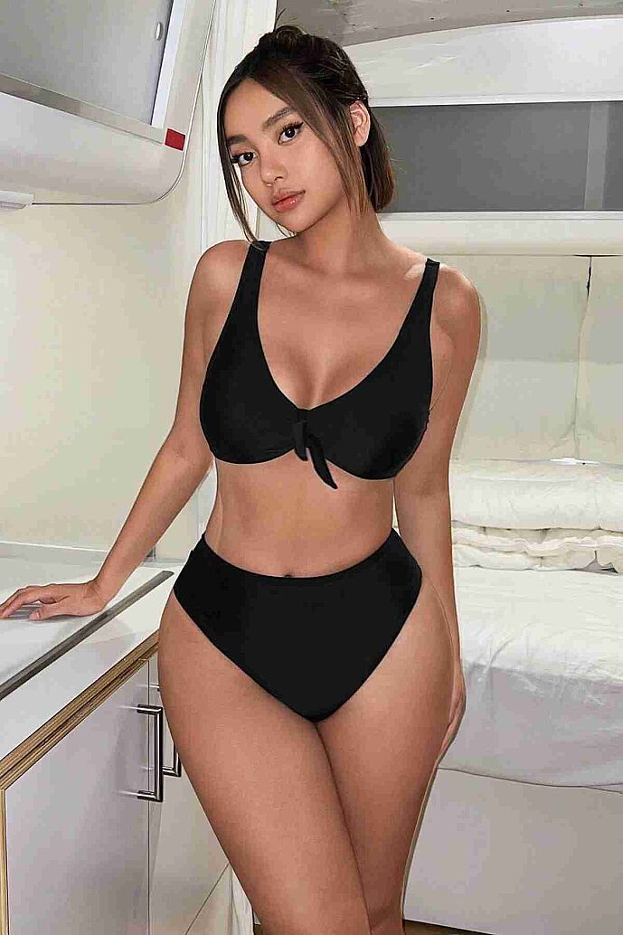 Angelsin Şık Yüksek Bel Bikini Takım (Çıkartılabilir Kaplı) Siyah - 4